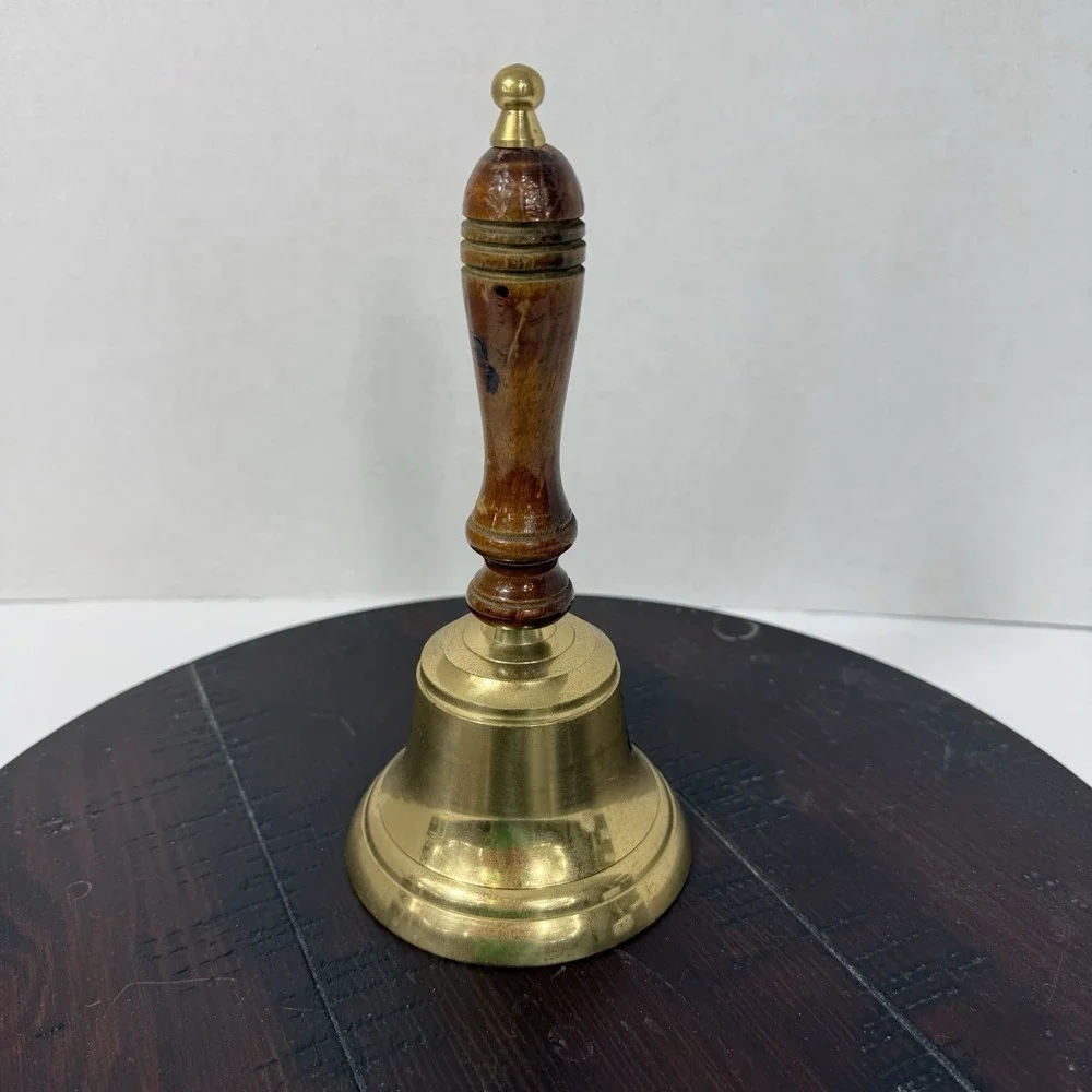 Vintage Captain's Table Brass Hand Bell with Wood Handle 8.25